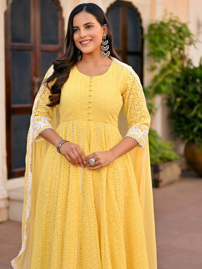 Yellow Schiffli Anarkali Set