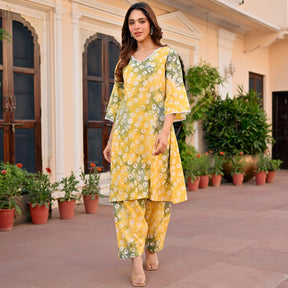Yellow Printed Cotton Kurta Set