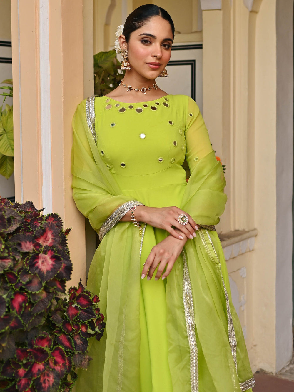 Parrot Green Mirror Anarkali Set