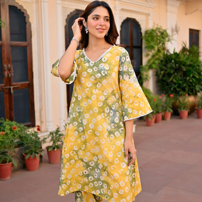 Yellow Printed Cotton Kurta Set