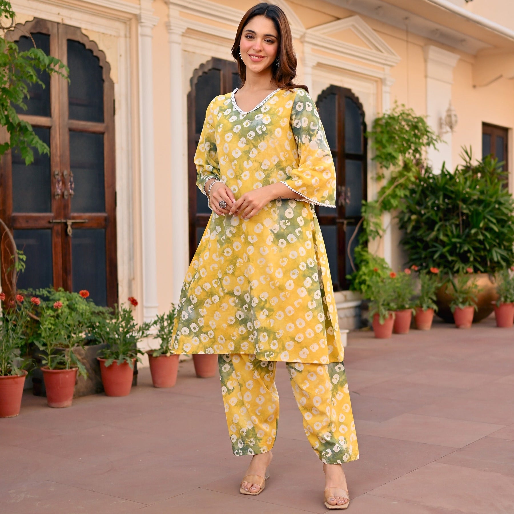 Yellow Printed Cotton Kurta Set