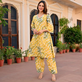 Yellow Printed Cotton Kurta Set