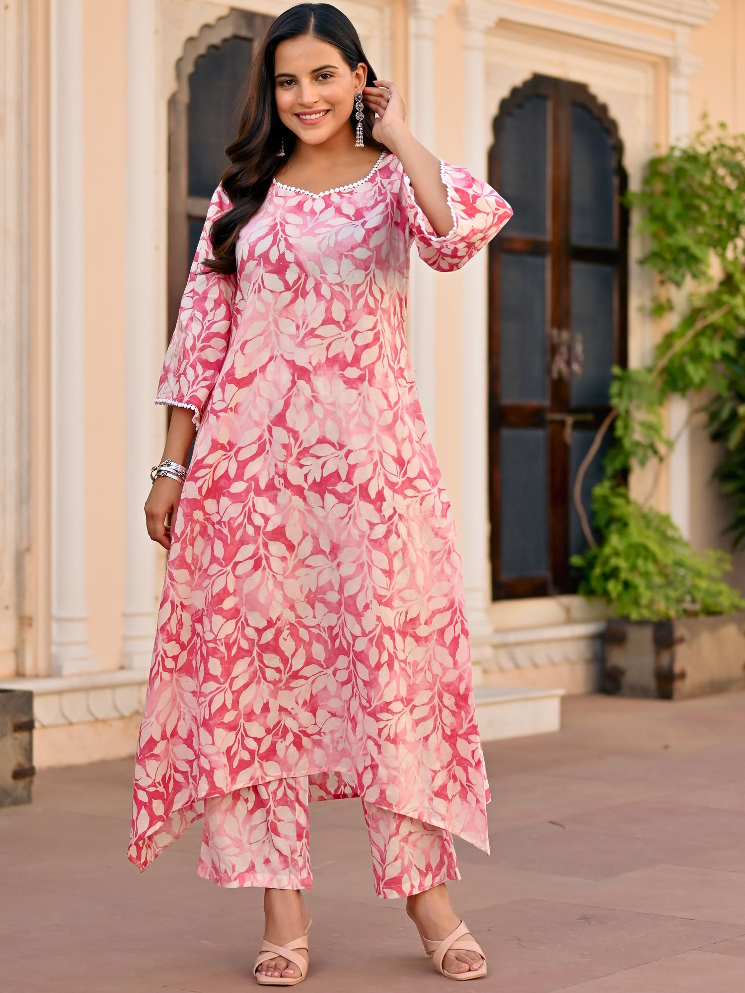 baby pink printed cotton kurta set