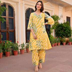 Yellow Printed Cotton Kurta Set