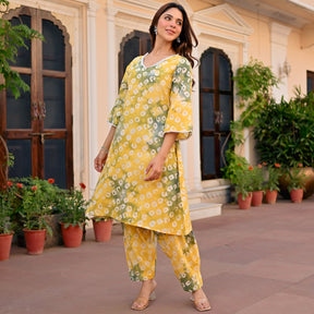 Yellow Printed Cotton Kurta Set