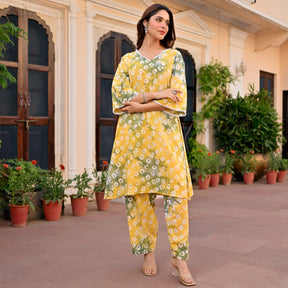 Yellow Printed Cotton Kurta Set