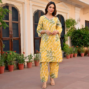 Yellow Printed Cotton Kurta Set