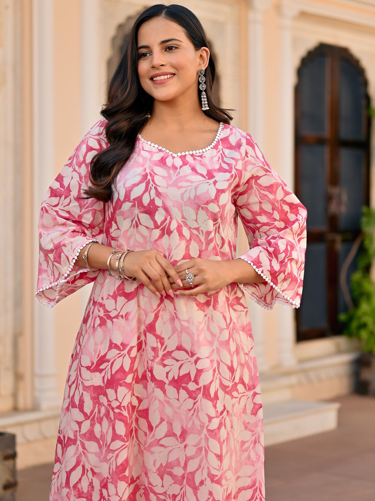 baby pink printed cotton kurta set