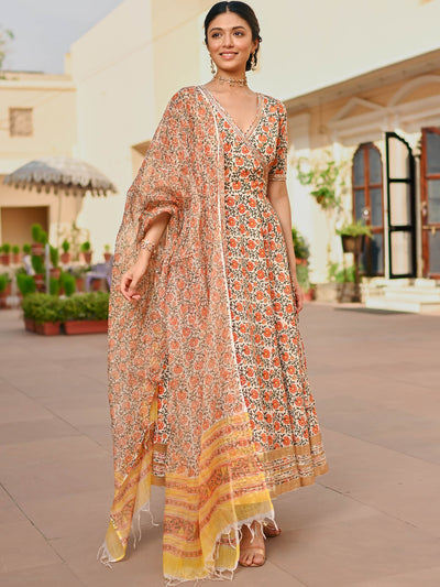 Beige Printed Handblock Anarkali Set