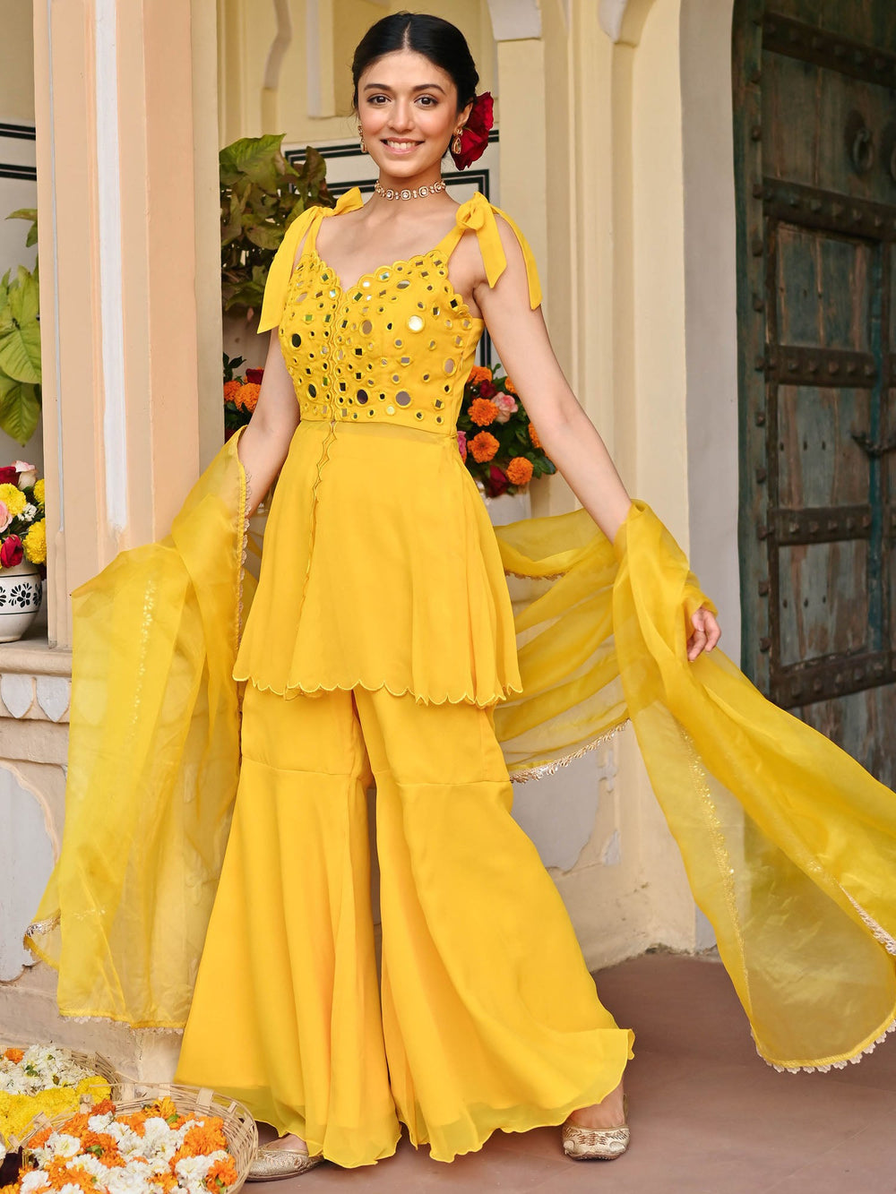 Yellow Georgette Sharara Set with Mirrorwork