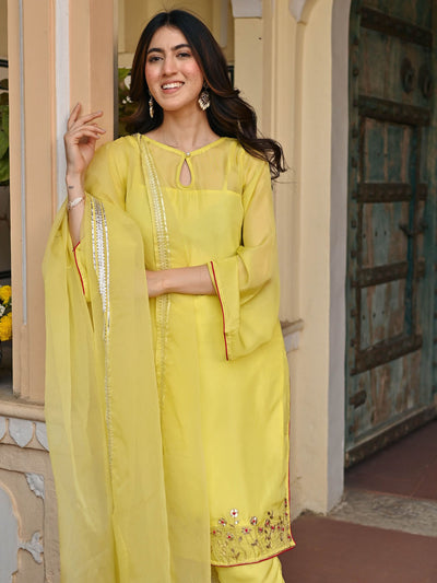 LEMON YELLOW SILK  KURTA AND PANT SET