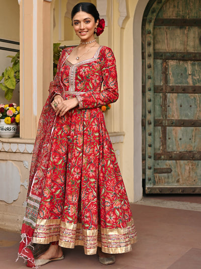 Red Handblock Printed Anarkali Set
