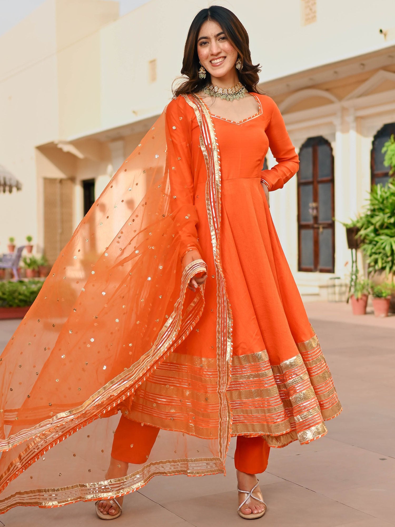 Orange Silk Anarkali set