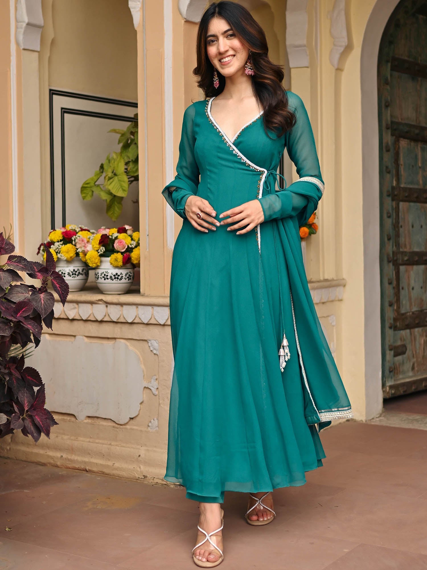 Teal Blue Georgette Angrakhaa Set