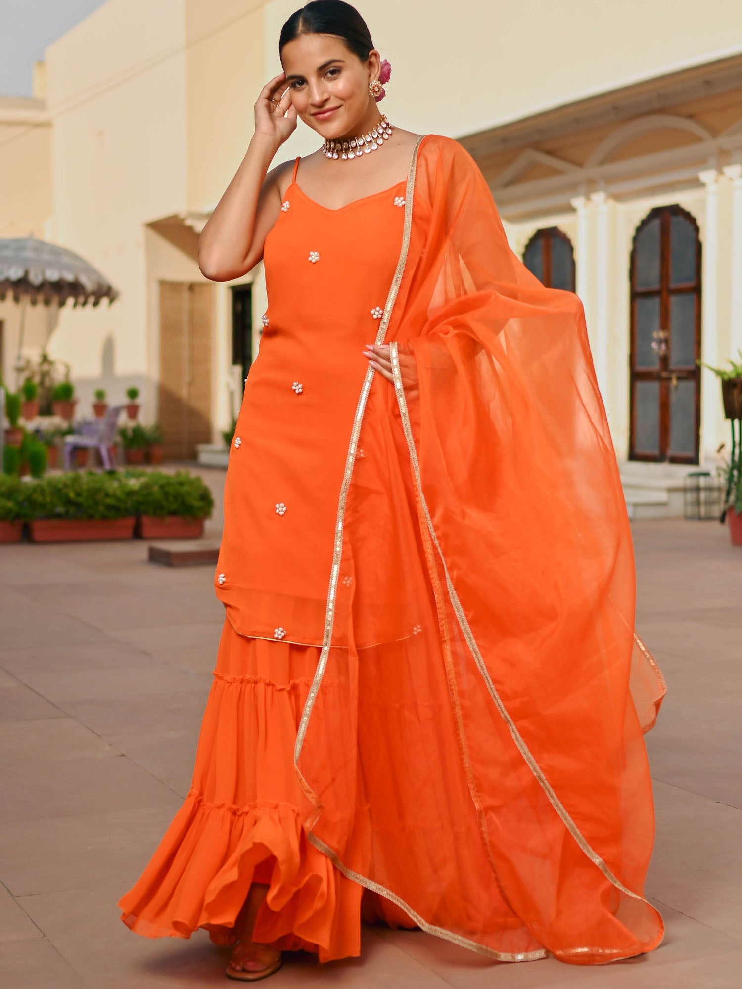 ORANGE GEORGETTE KURTA AND SHARARA SET - Main Image