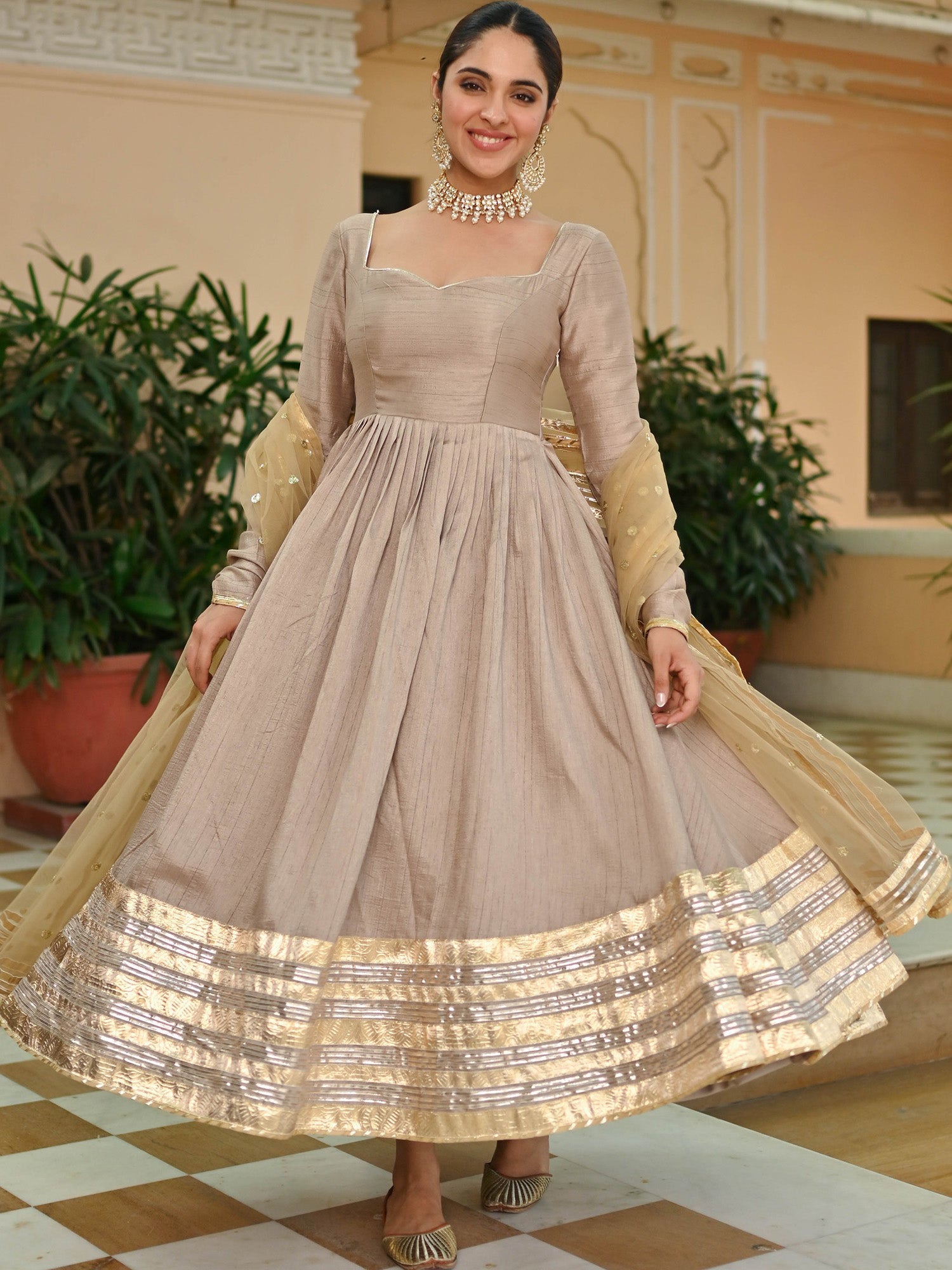 Beige Gold Silk Anarkali set Beige Gold Silk Anarkali set