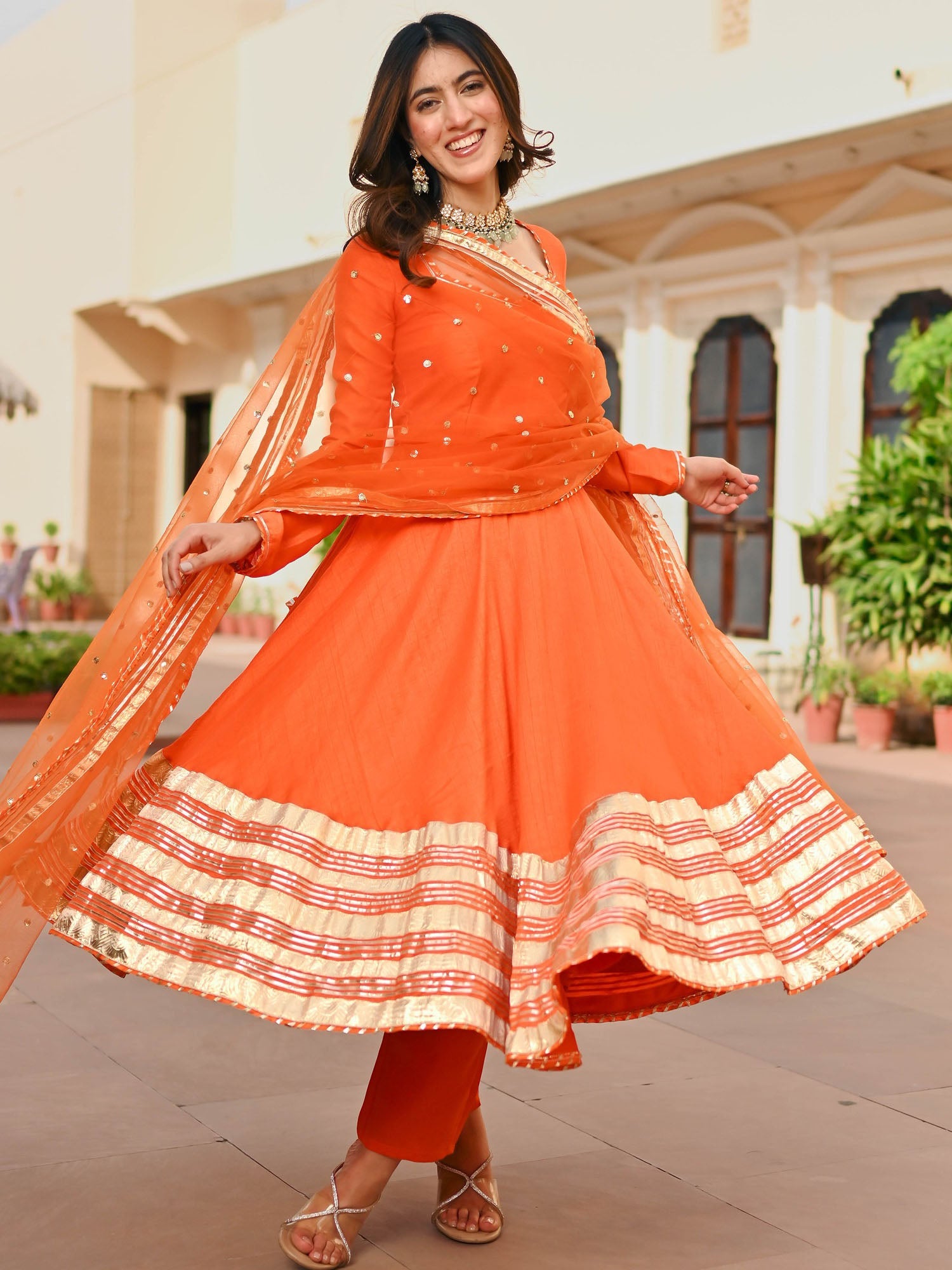 Orange Silk Anarkali set