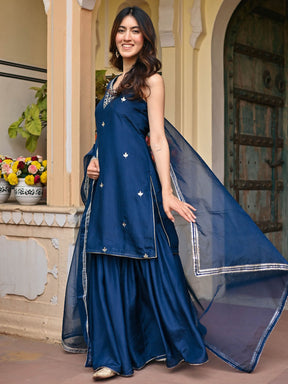 NAVY BLUE SILK KURTA AND SHARARA SET