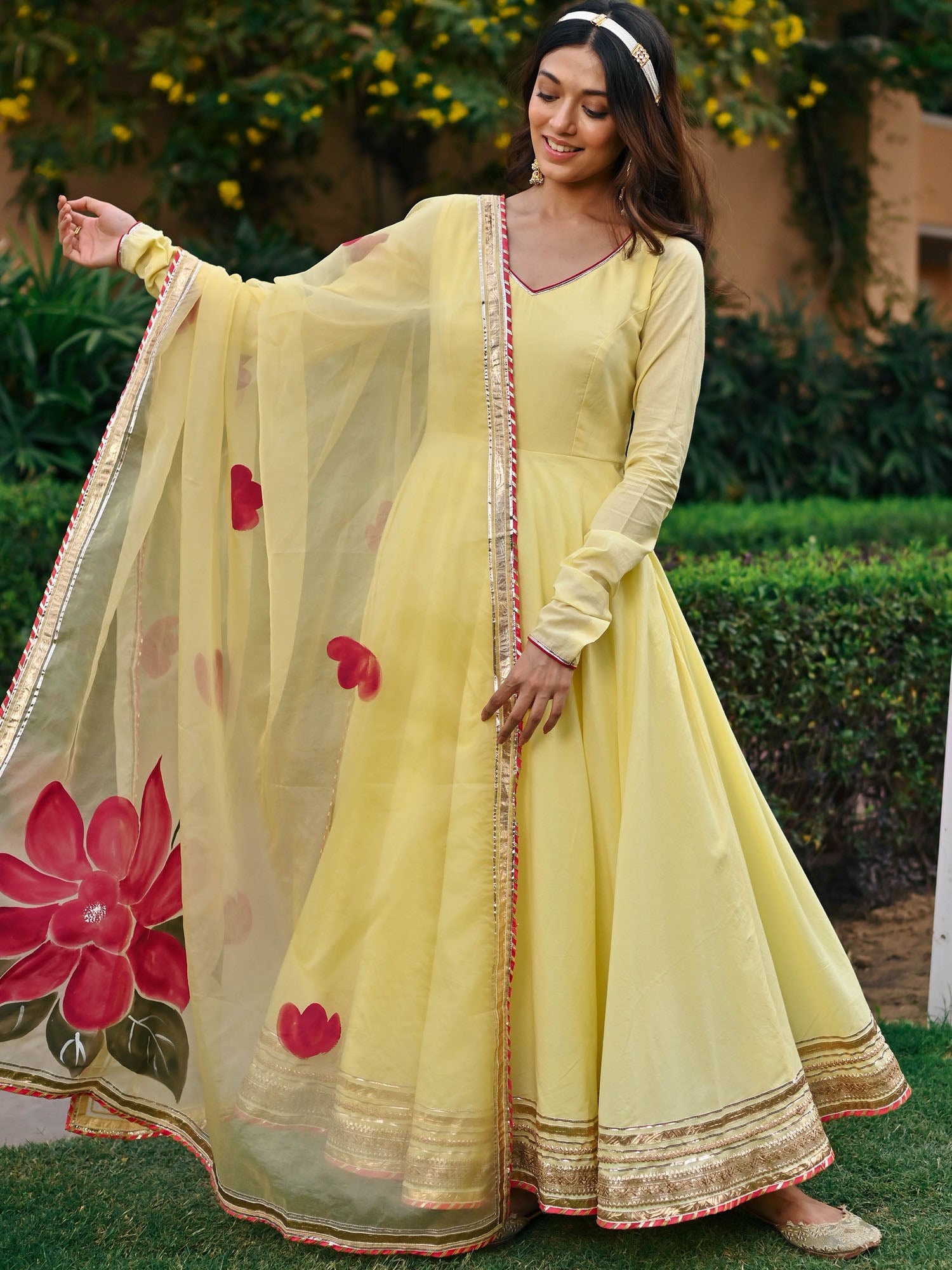 Yellow Handbrush Anarkali Set