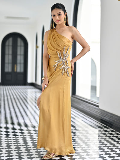 Gold Silk Satin Long Dress