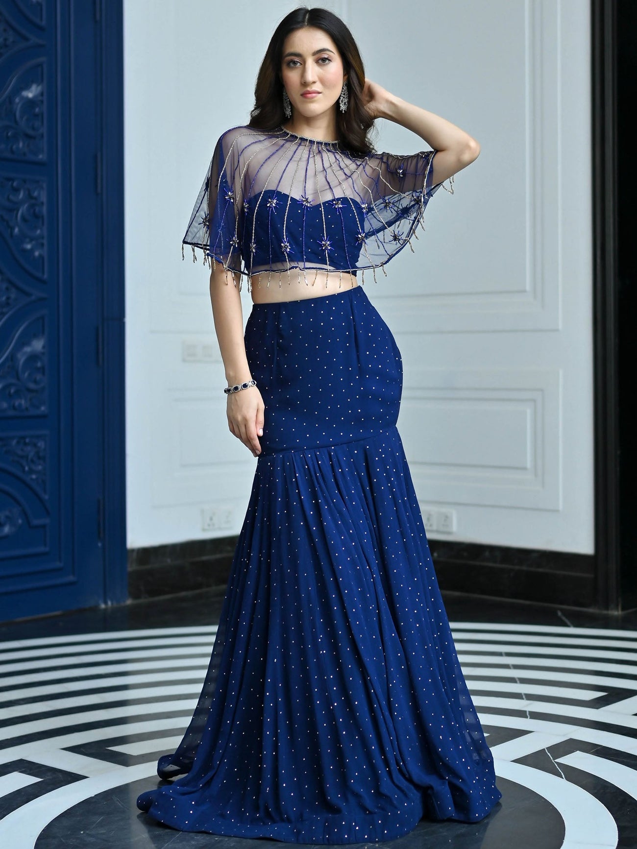 Midnight Feather Cape Lehenga Set