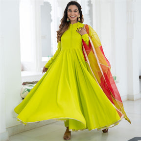 Neon Green Cotton Flared Anarkali and Pant Set