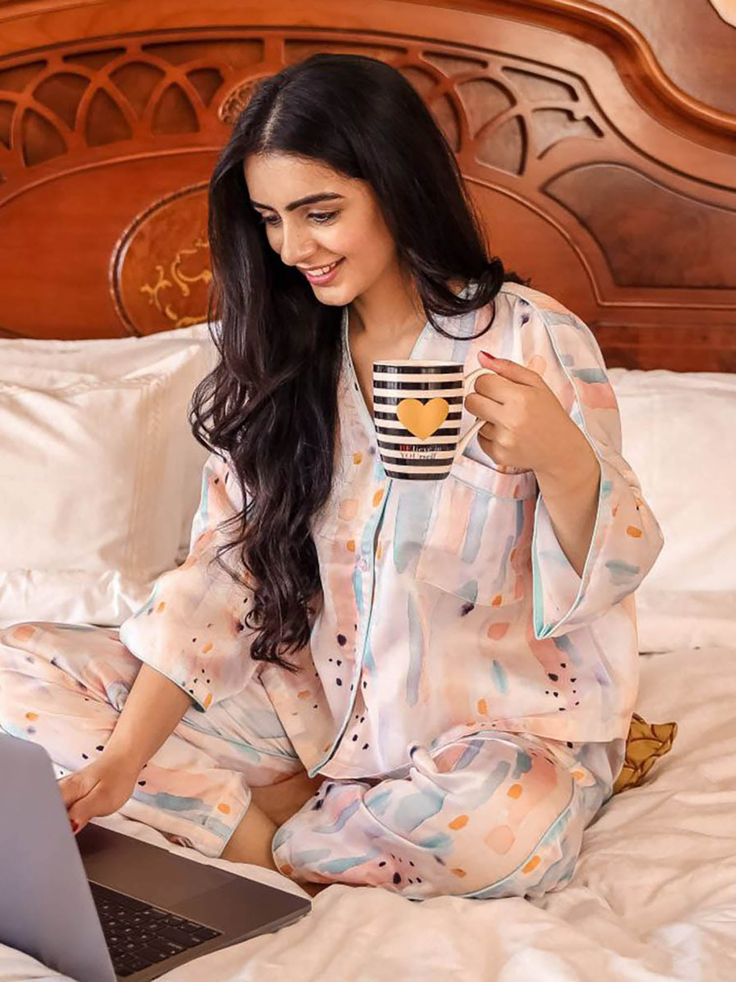 Watercolor Satin Collar Nightwear Set