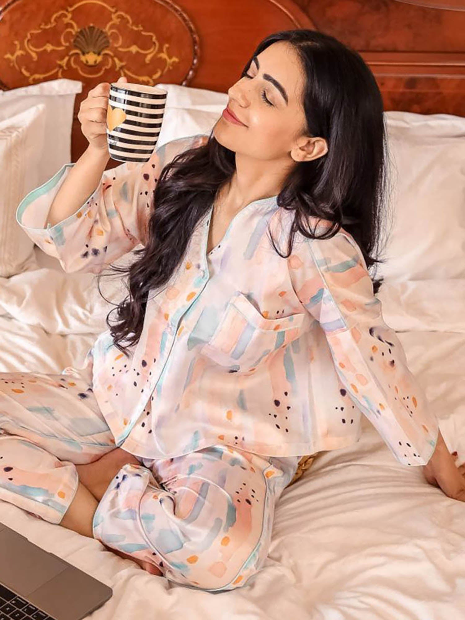 Watercolor Satin Collar Nightwear Set