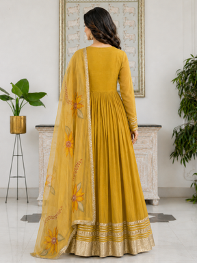 Yellow Anarkali with Floral Organza Dupatta
