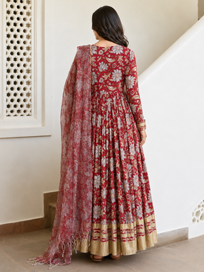 Red Anarkali in Floral Block Print Dupatta