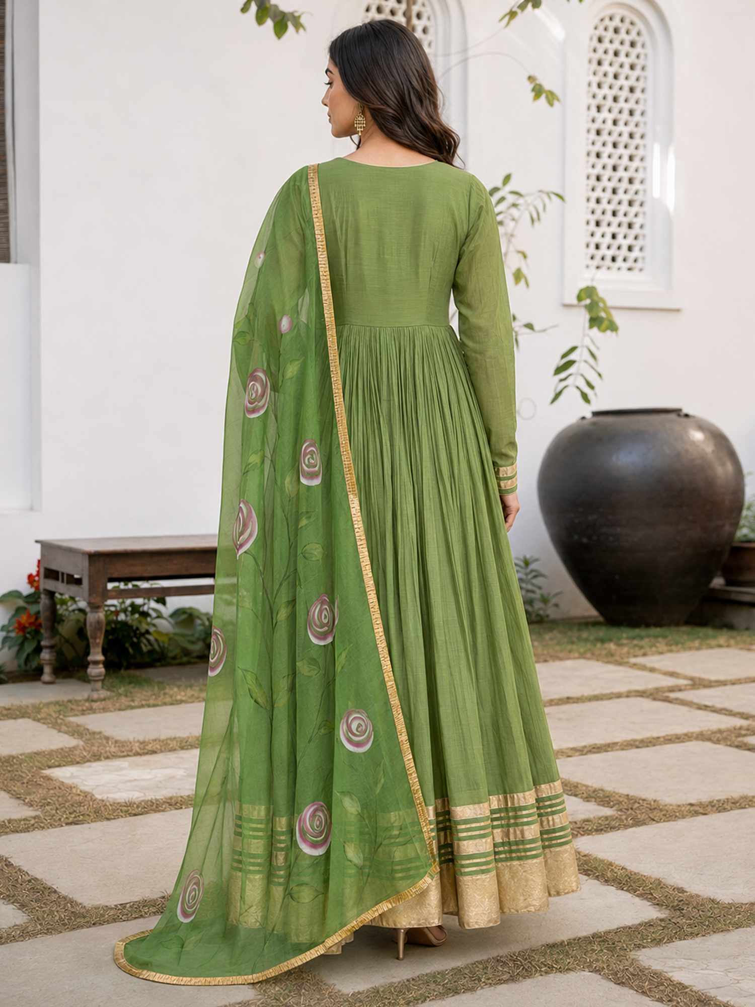 Green Anarkali with Floral Organza Dupatta