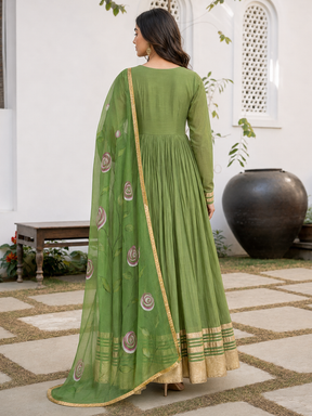 Green Anarkali with Floral Organza Dupatta