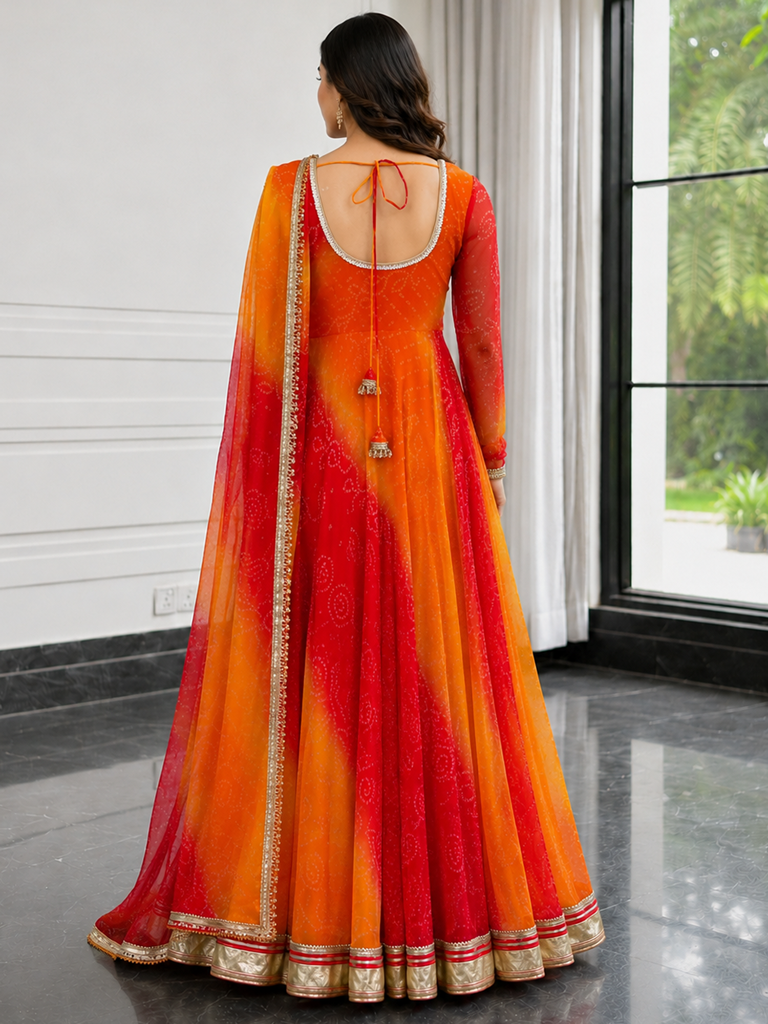 Red and Yellow Bandhani Anarkali