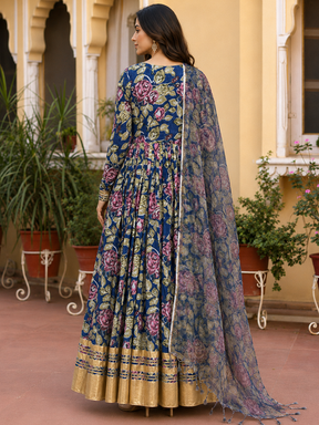 Blue Anarkali in Floral Block Print Dupatta