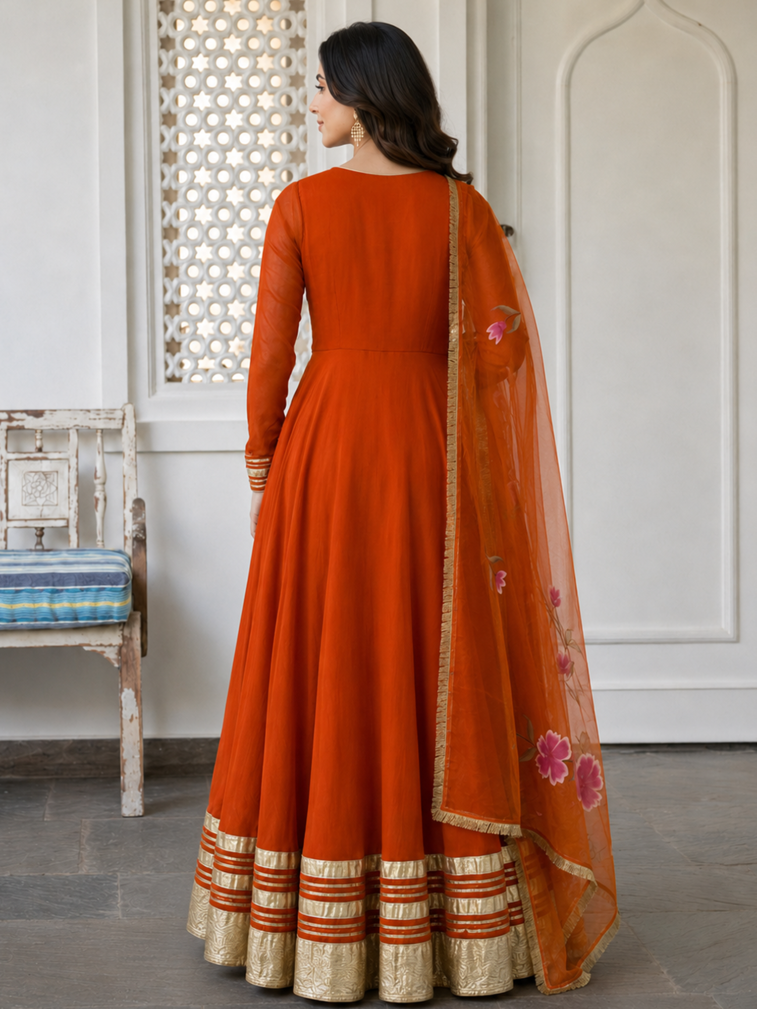 Orange Anarkali with Floral Organza Dupatta