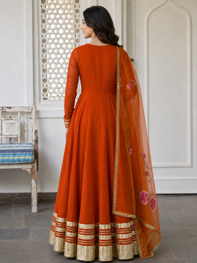 Orange Anarkali with Floral Organza Dupatta