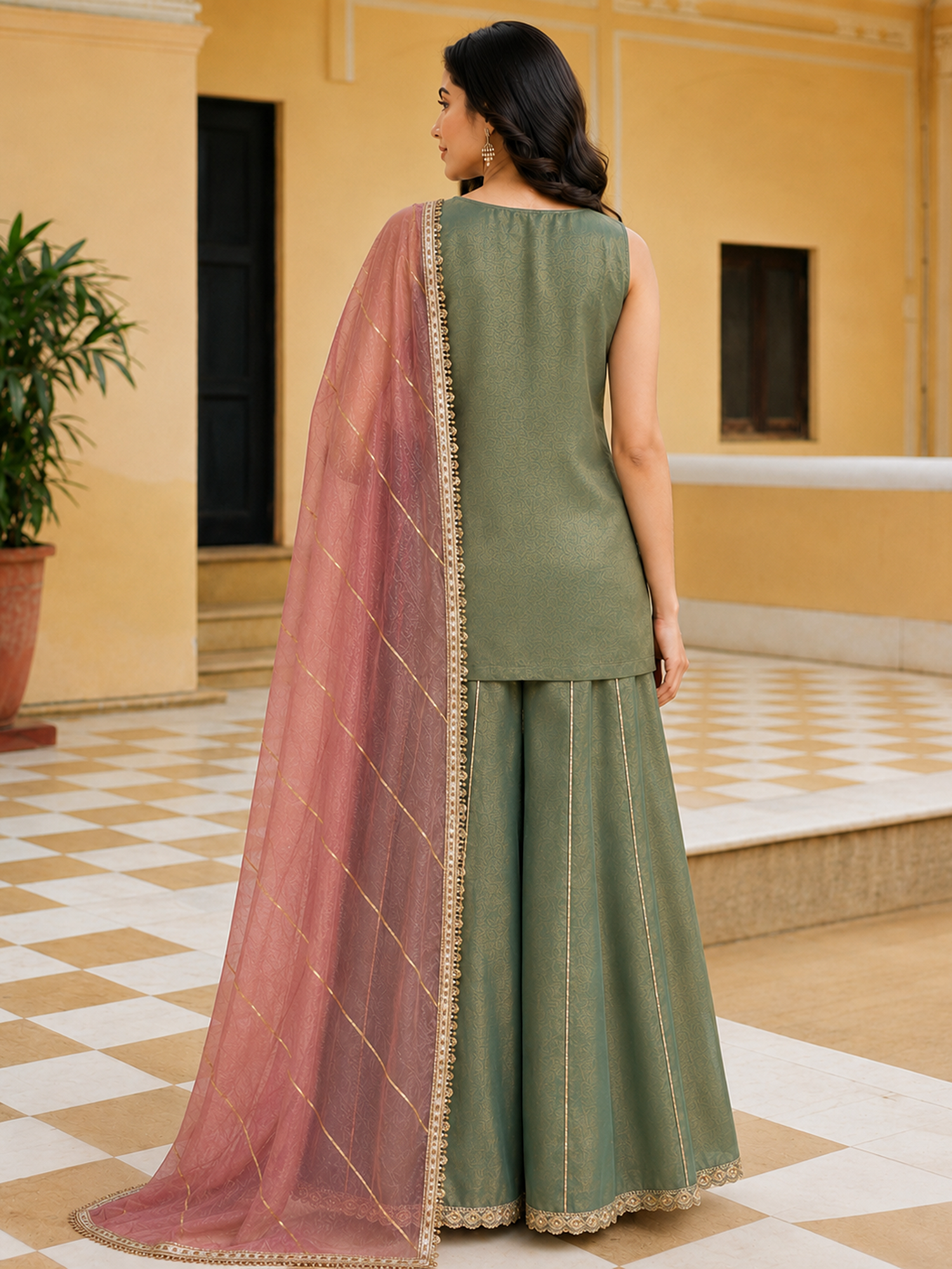 Green Kurta Plazo with Tissue Dupatta