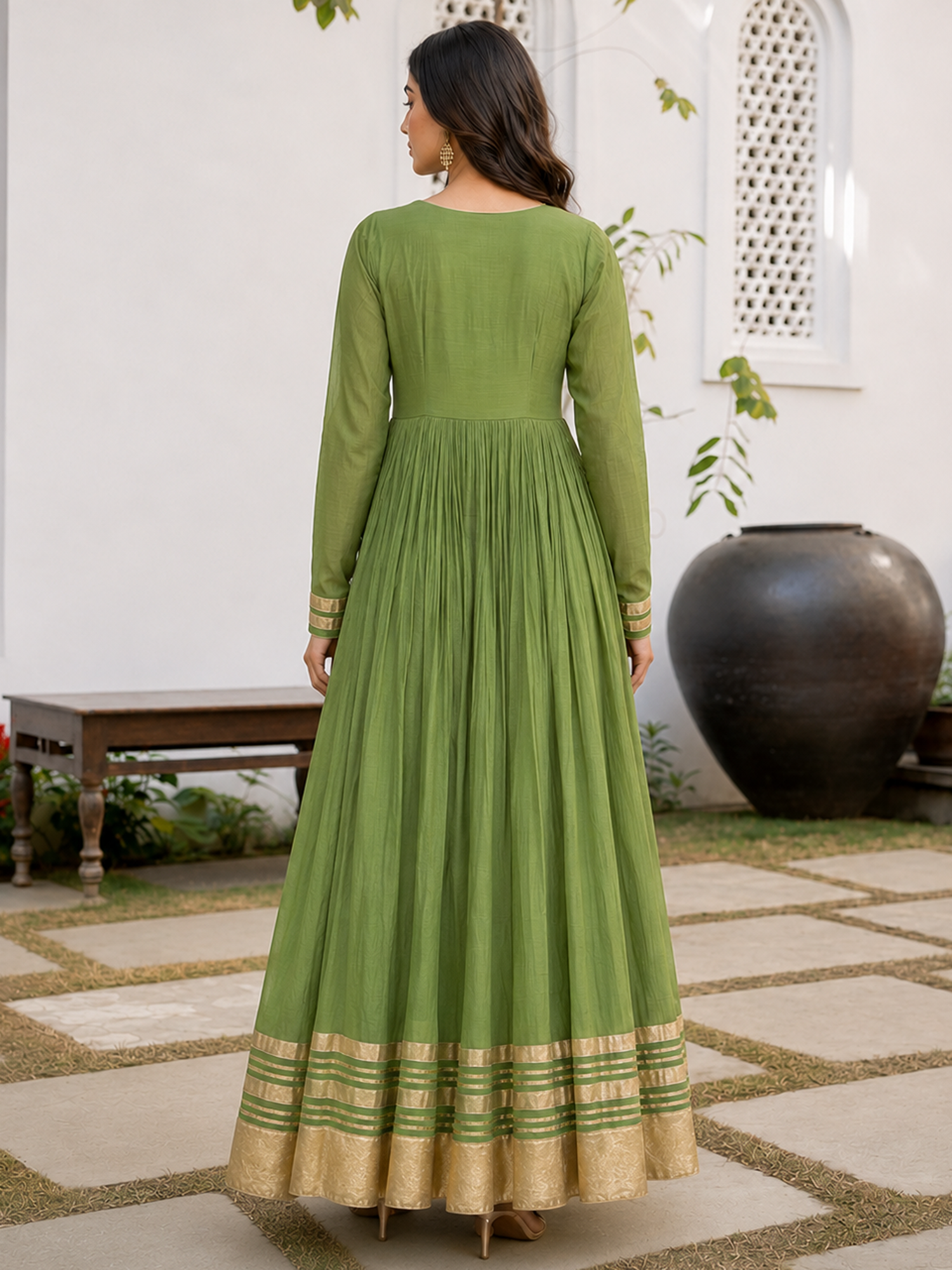 Green Anarkali with Floral Organza Dupatta