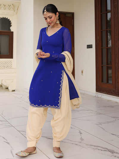 Royal Blue & Beige Contrast Patiala Set