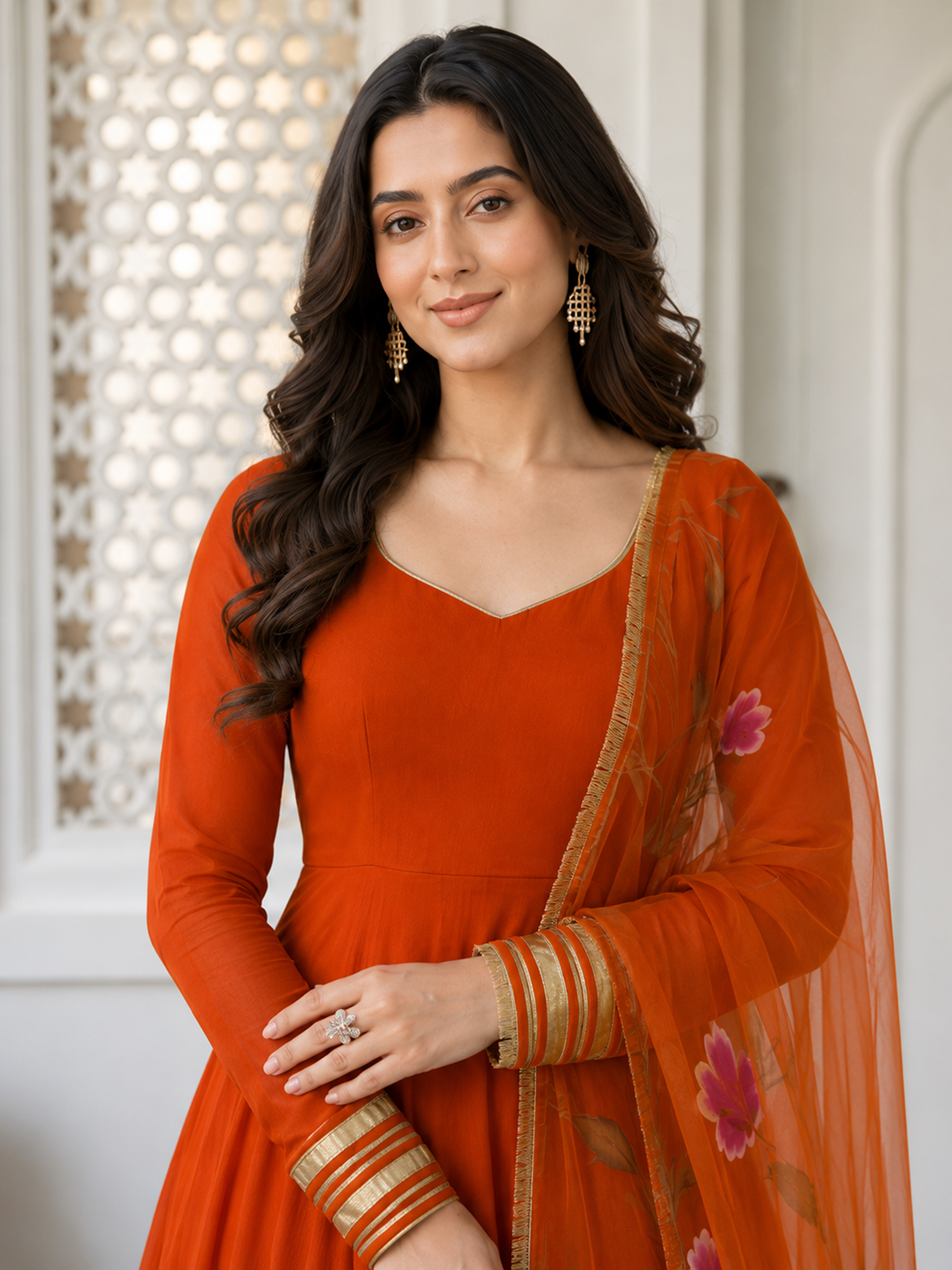 Orange Anarkali with Floral Organza Dupatta