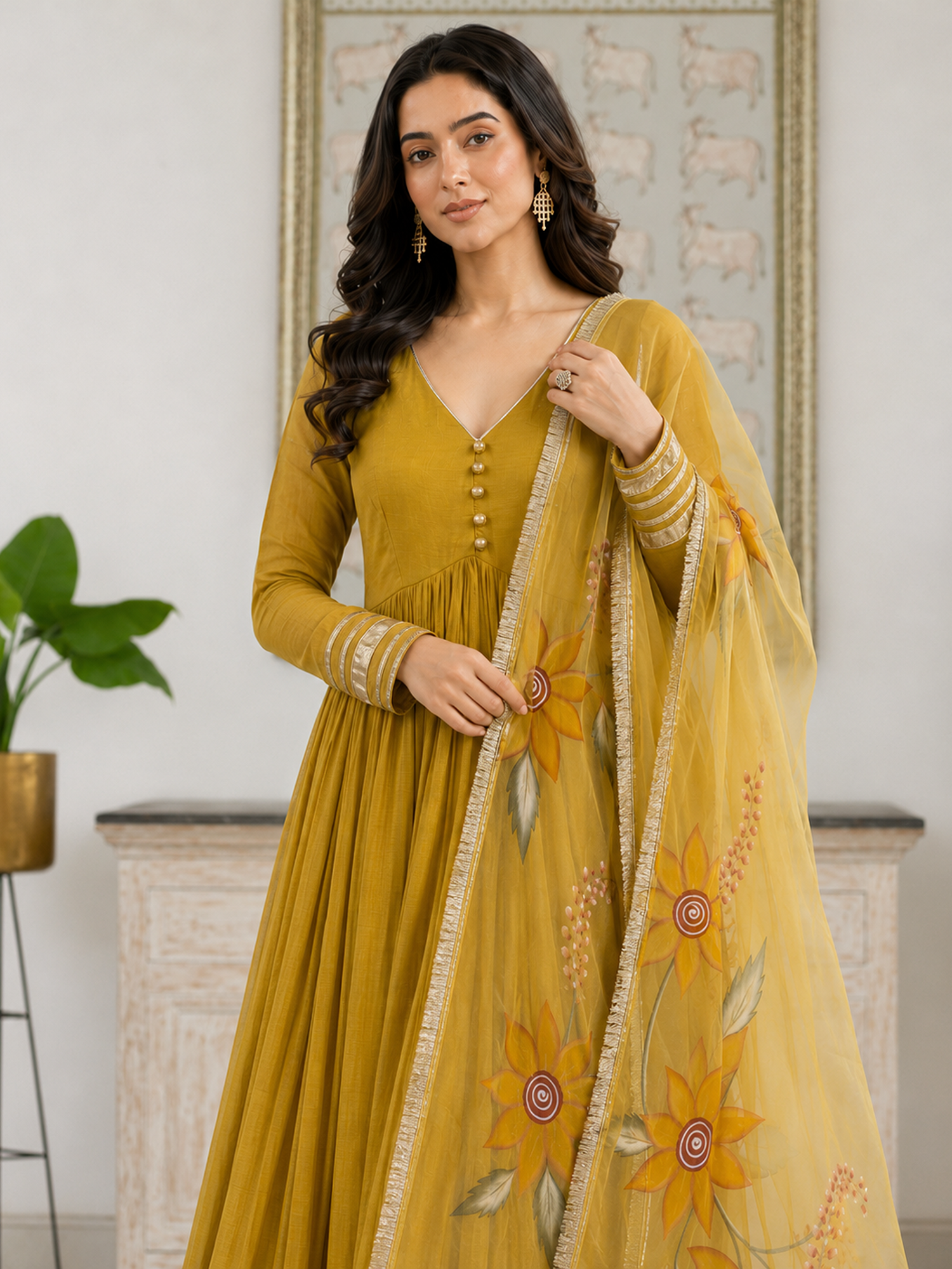 Yellow Anarkali with Floral Organza Dupatta