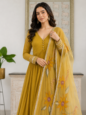 Yellow Anarkali with Floral Organza Dupatta