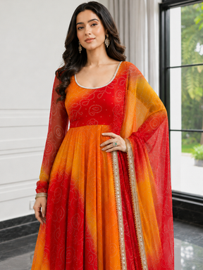 Red and Yellow Bandhani Anarkali