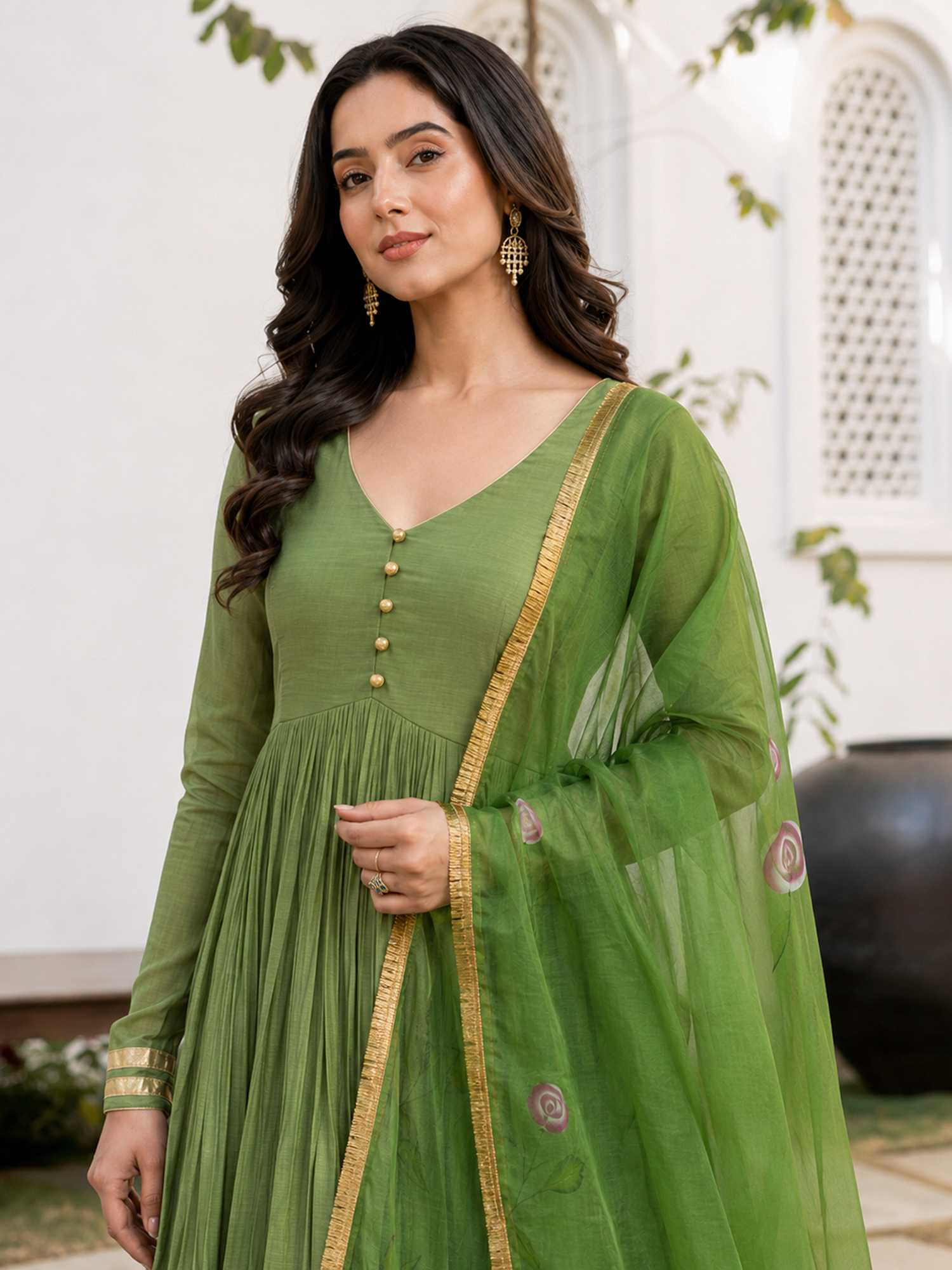 Green Anarkali with Floral Organza Dupatta