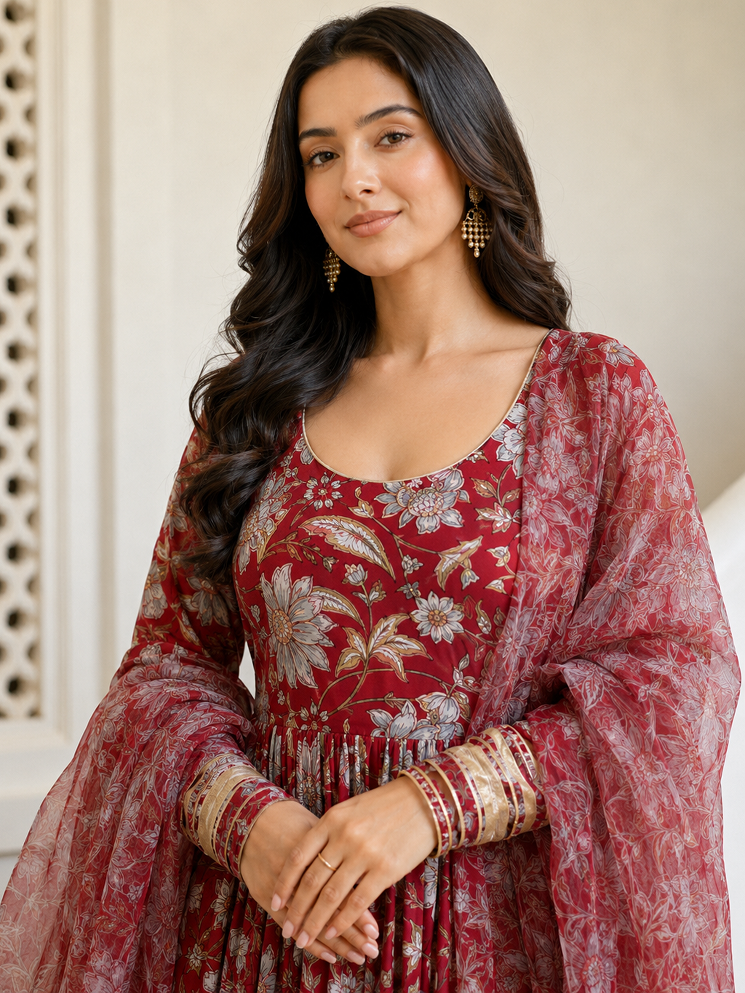 Red Anarkali in Floral Block Print Dupatta