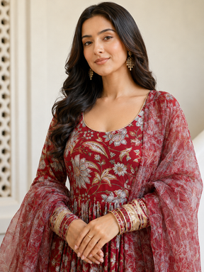 Red Anarkali in Floral Block Print Dupatta