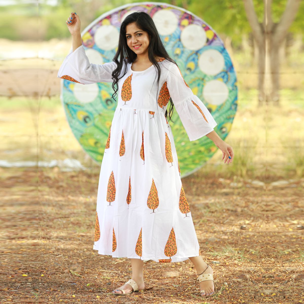 Cotton Block Print Midi Dress