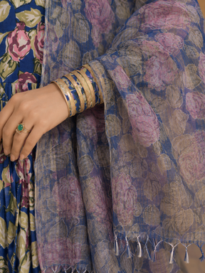 Blue Anarkali in Floral Block Print Dupatta