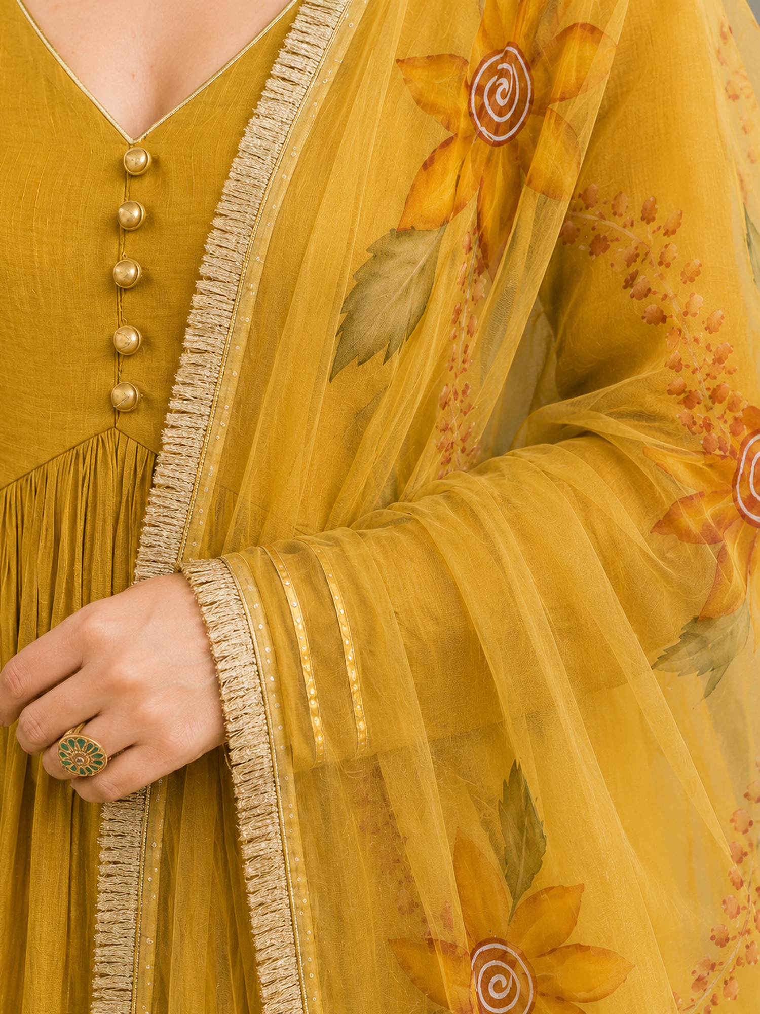 Yellow Anarkali with Floral Organza Dupatta