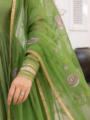 Green Anarkali with Floral Organza Dupatta